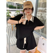 旺冉胖人女裝顯瘦款套裝夏裝大碼胖妹妹200斤韓版胖mm特夏季polo領(lǐng) 黑色【上衣+褲子】兩件 4XL【建議250-300】