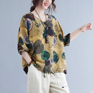 中年婦女夏裝棉麻半袖胖mm夏季新款寬松大碼民族風(fēng)復(fù)古短袖印花媽媽T恤上衣女 復(fù)古桐花 均碼【100-200斤