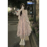 詩威琪2024新款粉色碎花溫柔風吊帶裙開衫仙女連衣裙女春夏秋裝裙子 披肩+連衣裙 M