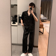 雅鹿冰絲睡衣男春秋款夏季家居服短袖長(zhǎng)褲男士仿真絲綢秋天季男生套裝 NSMLZ-8150黑色男【短袖長(zhǎng)褲】 XL 男【推薦130-150斤】