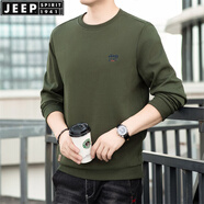 JEEP SPIRIT吉普休閑寬松男士長(cháng)袖t恤春秋圓領(lǐng)套頭衫棉質(zhì)純色簡(jiǎn)約款繡標上衣 軍綠 常規 M (170) /92A建議120-135斤