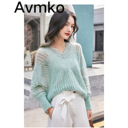 潮牌Avmko毛衣2022春季新款v領勾花鏤空針織蝙蝠衫女寬松慵懶套頭馬海毛毛衣 百合綠  均碼 建議80~125斤內(nèi)