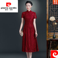 皮爾卡丹女裝紅色旗袍女夏季2024年新款喜婆婆婚宴裝禮服蕾絲改良 2001酒紅色 XL 建議105-115斤