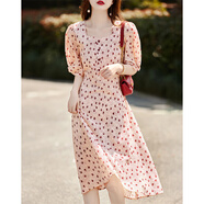 德瑪納（dme）雪紡印花夏收腰A擺方領(lǐng)泡泡袖碎花單排裝飾扣連衣裙女夏 鵝黃 S 