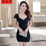 晟媄詩夜店女裝性感連衣裙短袖新款夜場酒吧桑拿足浴技師工作服小黑裙女 黑色 2XL