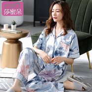 莎蜜朵仿 真絲睡衣女夏季冰絲薄款短袖長(cháng)褲寬松大碼媽媽女士家居服套裝 5655LM 藍底花卉 M （推薦80-105斤穿）
