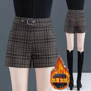 格子短褲女外穿新款秋冬2021新款高腰寬松毛呢松緊腰呢子女士短褲 格子短褲【加絨加厚】 XL 29【110-120斤】