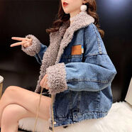 牛仔外套女潮ins厚款秋冬款棉服女新款加絨加厚羊羔毛牛仔衣 8832#加絨圖片款【藍(lán)色】 S碼【建議80--100斤】