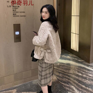 牛仔藍(lán)女裝短外套秋冬款衛(wèi)衣棒球服衣服冬季小香風(fēng)女士秋裝上衣新款仿羊羔寬松蝴蝶結(jié)開叉毛呢大衣設(shè)計感開衫 卡其色 S