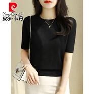 皮爾卡丹 2025新款夏裝冰絲針織衫短袖女T恤修身圓領(lǐng)短款灰色 黑色【針織面料】 L