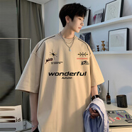 普戈斯vintage賽車(chē)服機(jī)車(chē)t恤男潮牌美式復(fù)古棒球服短袖墊肩情侶裝七分袖 杏色 2XL