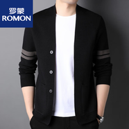 羅蒙（ROMON）男士針織毛開衫外套2023春秋季新款潮流休閑薄外套 黑色毛衫- XL 建議125-140斤