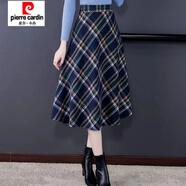 皮爾卡丹（pierre cardin）秋冬2025新款格子毛呢大碼半身裙女修身顯瘦寬松高腰中長(cháng)款大擺裙 藍格子-有口袋-【裙長(cháng)75cm】 加厚 3XL 體重【156-170斤】