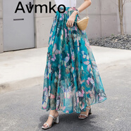 Avmko潮2025夏新款高腰顯瘦雪紡半身裙波西米亞碎花大擺A字沙灘裙長(cháng)裙 藍碟 L