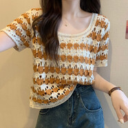 君芳雅U領(lǐng)復(fù)古條紋短袖針織衫女夏季鏤空鉤花泫雅風(fēng)小個(gè)子寬松短款上衣 淺綠色 S