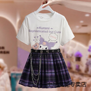 迪士尼（Disney）女童酷帥夏裝套裝一整套衣服霸氣JK服小女孩閨蜜裝庫洛米10T恤 白色短袖+百褶裙【+腰帶】 140