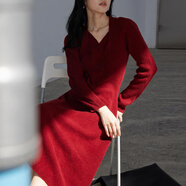 思諾芙德羊絨連衣裙女2024春秋新款V領(lǐng)修身氣質(zhì)針織絞花a字長裙 深楓葉 M