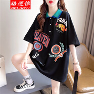 格邏依 短袖t恤女2022年夏季新款韓版寬松中長(cháng)款卡通印花polo衫潮小眾設計感學(xué)生百搭上衣 黑色 L【建議115-145斤】