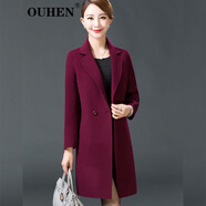 OUHEN輕奢品牌 雙面羊毛大衣女秋冬新款氣質(zhì)修身中長款雙面羊毛呢外套 紫玫紅 M (105-115斤)