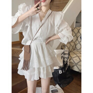 miss nitaly夏季女裝V領(lǐng)上衣五分袖襯衫荷葉邊蛋糕半身裙蕾絲花邊連衣裙套裝 白色 M