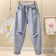 OLOEY牛仔褲女韓版破洞乞丐褲新款韓版高腰寬松九分哈倫褲老爹褲蘿卜褲 淺藍色+腰帶 S