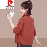 皮爾卡丹（pierre cardin）短外套女2023春秋季寬松減齡休閑小個(gè)子女士夾克衫上衣針織 磚紅色 L 建議105-120斤