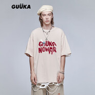 古由卡（GUUKA）xSANK嘻哈潮牌t恤男士短袖夏季情侶裝劉宇同款休閑寬松五分半截袖 淺杏色 F7589 XL