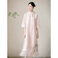 初蟬衣事高端醋酸國風(fēng)連衣裙粉色2025夏季新款茶服女裝新中式改良旗袍 粉色（贈吊帶） S （現貨）