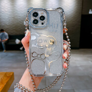 適用蘋果13手機殼新款帶plus掛繩iPhone14promax高級感 【銀色】蝴蝶結(jié)小熊閃粉殼+ 珠子斜挎繩 iPhone 12