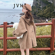JVH香港潮牌休閑連帽雙面呢大衣女 2024冬季新款寬松加厚毛呢短外套 咖色 L 130斤內