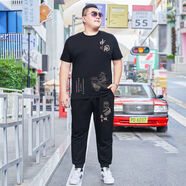 喬駿晟夏季大碼運動套裝男士胖子短袖T恤男加肥加大肥佬休閑長褲兩件套 長 城-黑色套裝(T恤+長褲) 2XL (160-190斤)