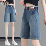 啄木鳥(niǎo)（TUCANO）松緊腰五分牛仔短褲女夏季新款高腰彈力修身顯瘦大尺碼寬松直筒褲 9803-藍色 M 建議95-105斤