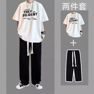 曙影（SHUYING）夏季短袖休閑套裝男生T恤潮流痞帥氣一套搭配青年寬松兩件套男裝 T恤白色+休閑褲黑色 XL （115斤-135斤）