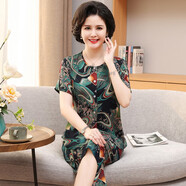 中老年人棉綢睡衣褲女士媽媽短袖短褲套裝大碼家居服可外穿夏季 淺綠波浪 4XL (建議140-155斤)
