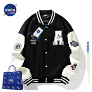 NASA LIKE官方外套春秋季毛巾繡棒球服男女美式字母飛行員夾克街頭潮流工裝 黑色 XL （建議120-130斤）