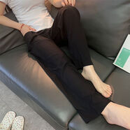 顧夕岑夏季女士人造棉燈籠褲綿綢家居長(cháng)褲薄款透氣棉綢寬松長(cháng)褲 純黑色 直筒 L 適合110-130斤