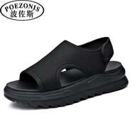 波佐斯（POEZONIS）網(wǎng)面休閑羅馬沙灘鞋男新款增高厚底鏤空透氣外穿男士開車涼鞋 黑色 38