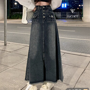 蘭威費(fèi)雷高腰毛邊牛仔半身裙女裝秋冬新款復(fù)古設(shè)計(jì)感小眾A字長(zhǎng)裙裙子春秋 黑灰藍(lán)色牛仔半身裙 L