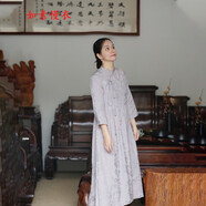 如素慢衣文藝復(fù)古銅氨絲亞麻提花立領(lǐng)長(zhǎng)袖寬松連衣裙31846q 淡紫色 M