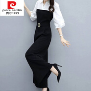 皮爾卡丹（pierre cardin）針織春秋連體褲女2025春款新款韓版時(shí)尚休閑黑色連衣褲高腰闊腿褲 黑色拼接白色 3XL 135-145斤