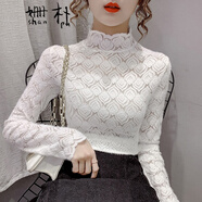 姍樸 半高領加絨加厚打底衫女韓版2021秋冬新款時尚休閑女裝長袖內搭鏤空蕾絲衫修身顯瘦減齡氣質打底衫 白色 M