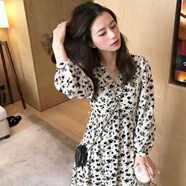 尚簡紛 女裝赫本風(fēng)長袖碎花連衣裙女秋冬2025新款v領(lǐng)小個(gè)子高腰打底長裙 杏色 XL