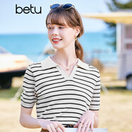 betu百圖女裝減齡復古Polo領(lǐng)條紋短袖寬松型針織衫女2203T02 米白 S