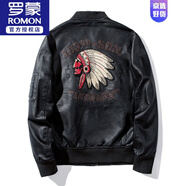 羅蒙（ROMON）印第安人刺繡男士皮衣加絨加厚帥氣皮夾克男機車(chē)服飛行員潮流外套 2035黑色【加絨款】 棒球領(lǐng) M 建議90-105斤