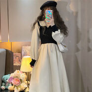 賢語(yǔ)娃娃領(lǐng)連衣裙女春秋新款韓版甜美收腰顯瘦中長(cháng)款A字裙 杏色 關(guān)注店鋪 S