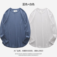 湯米伍德250g華夫格T恤男士短袖夏季潮寬松圓領(lǐng)透氣純色重磅長打底衫半袖 白色+藍(lán)色(長) M