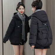 純信棉服女2025冬季韓版寬松百搭連帽女士棉衣顯瘦棉襖保暖面包服外套 口袋黑色 XL 建議125-140斤
