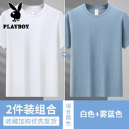 花花公子純棉短袖T恤男夏季薄款男士寬松休閑圓領(lǐng)半袖T恤打底衫上衣服男裝 白色+藍(lán)色 M /170（106-120斤）