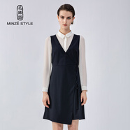 名師路V領(lǐng)不規則連衣裙女秋裝無(wú)袖連衣裙修身打底背心裙不對稱(chēng)A字裙子 深藍色 M