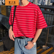 望了型 條紋五分袖T恤衫男生日系潮流文藝小青年寬松半截袖體恤汗衫高中學(xué)生中袖五分袖t血?；?紅色F21 M